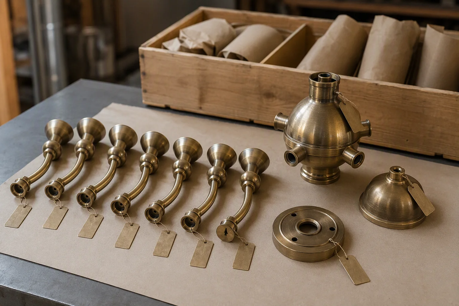 Numbered tags and a direction arrow on the arms of a modular chandelier laid out for assembly