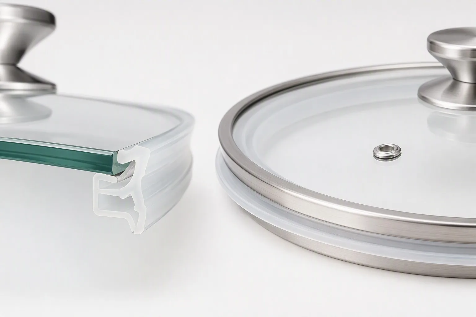 Food-grade silicone gasket detail on tempered glass cookware lid rim assembly, B2B catalog photography