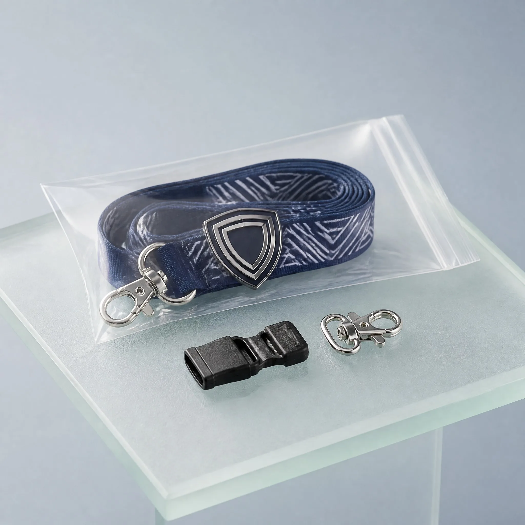 3D logo lanyard packed in transparent OPP bag with spare breakaway buckle and extra clip