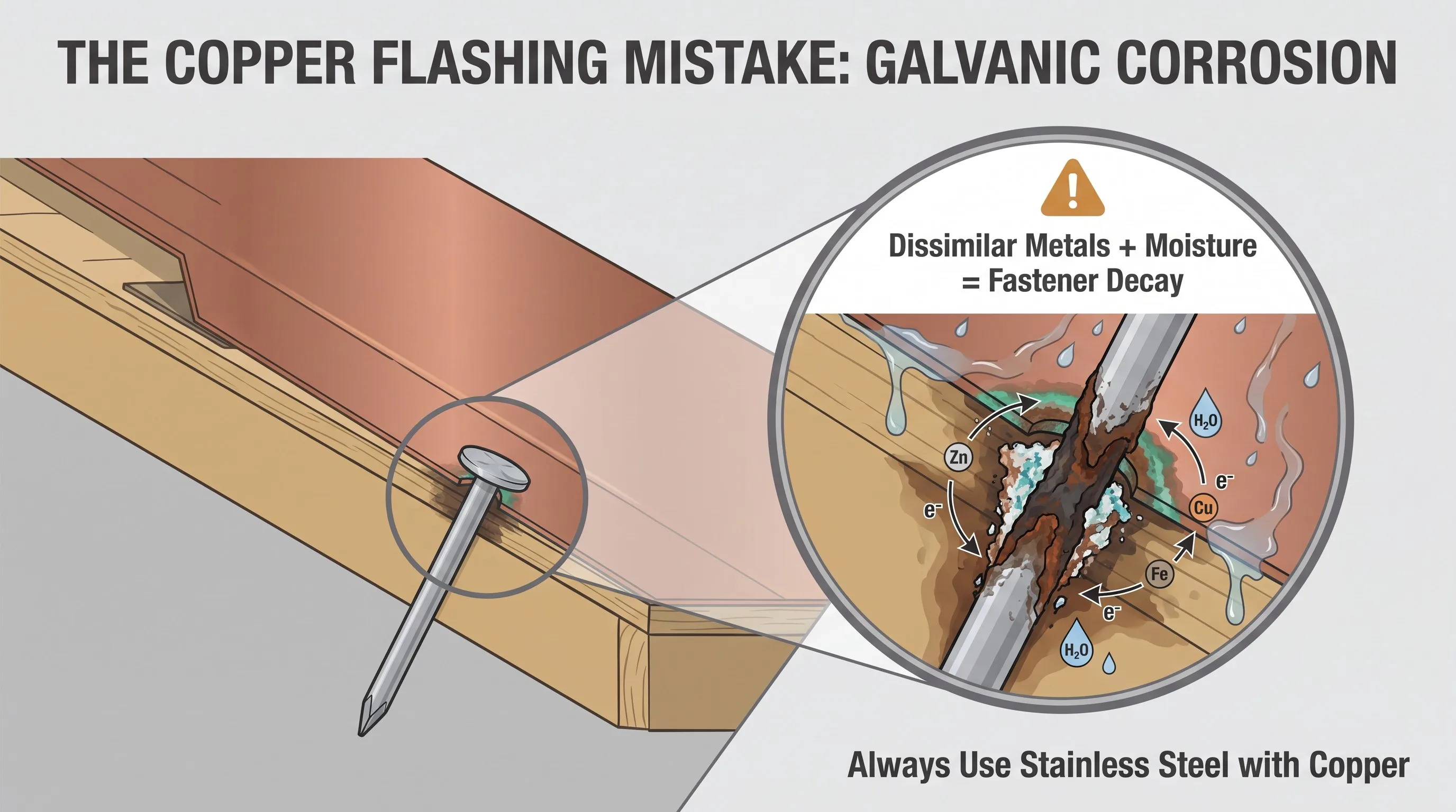 Galvanic corrosion diagram showing steel fastener decay when driven through copper valley flashing