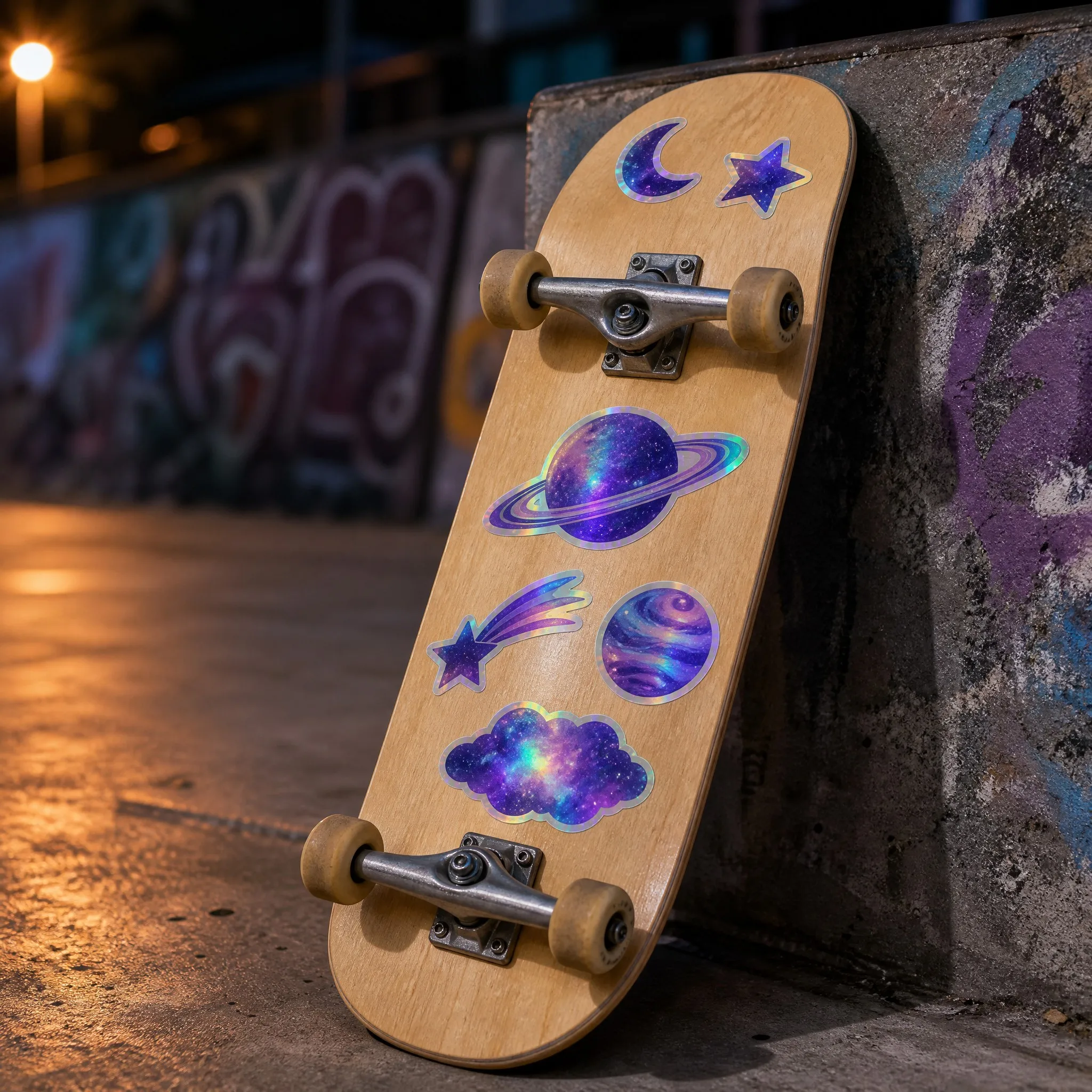 Holographic stickers applied on a skateboard at night in a skatepark