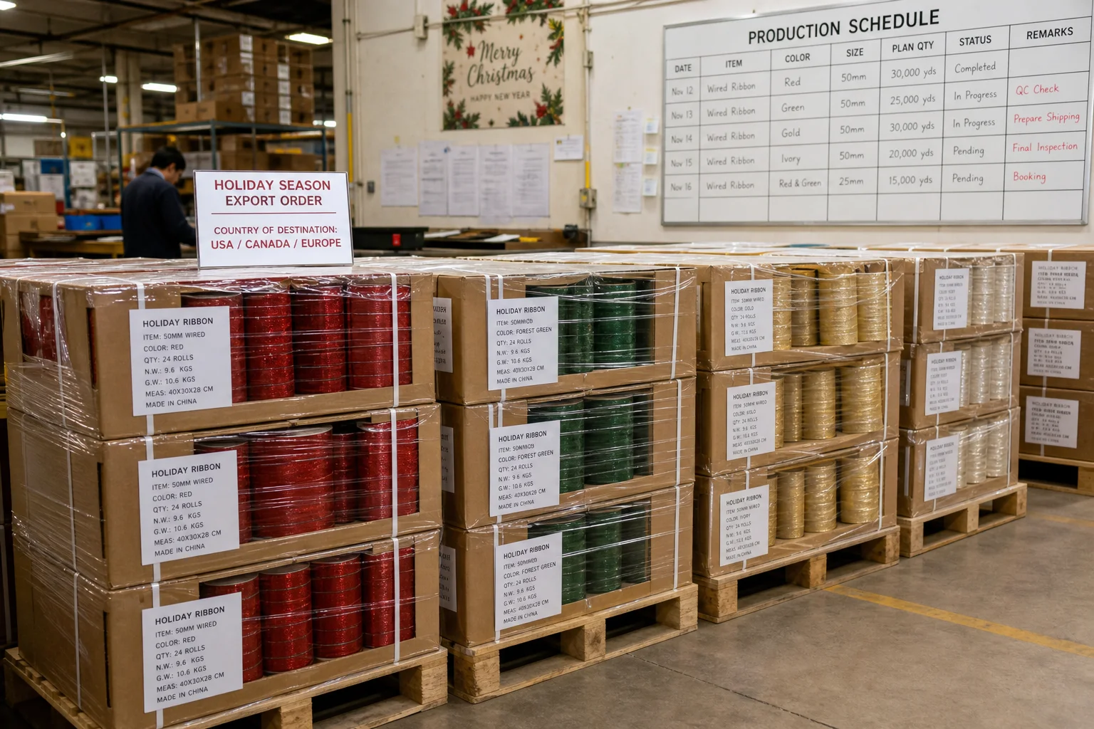 Warehouse with pallets of finished holiday ribbon rolls in red, green, and gold colours ready for export — Smith Ribbon and Bow holiday season capacity expansion
