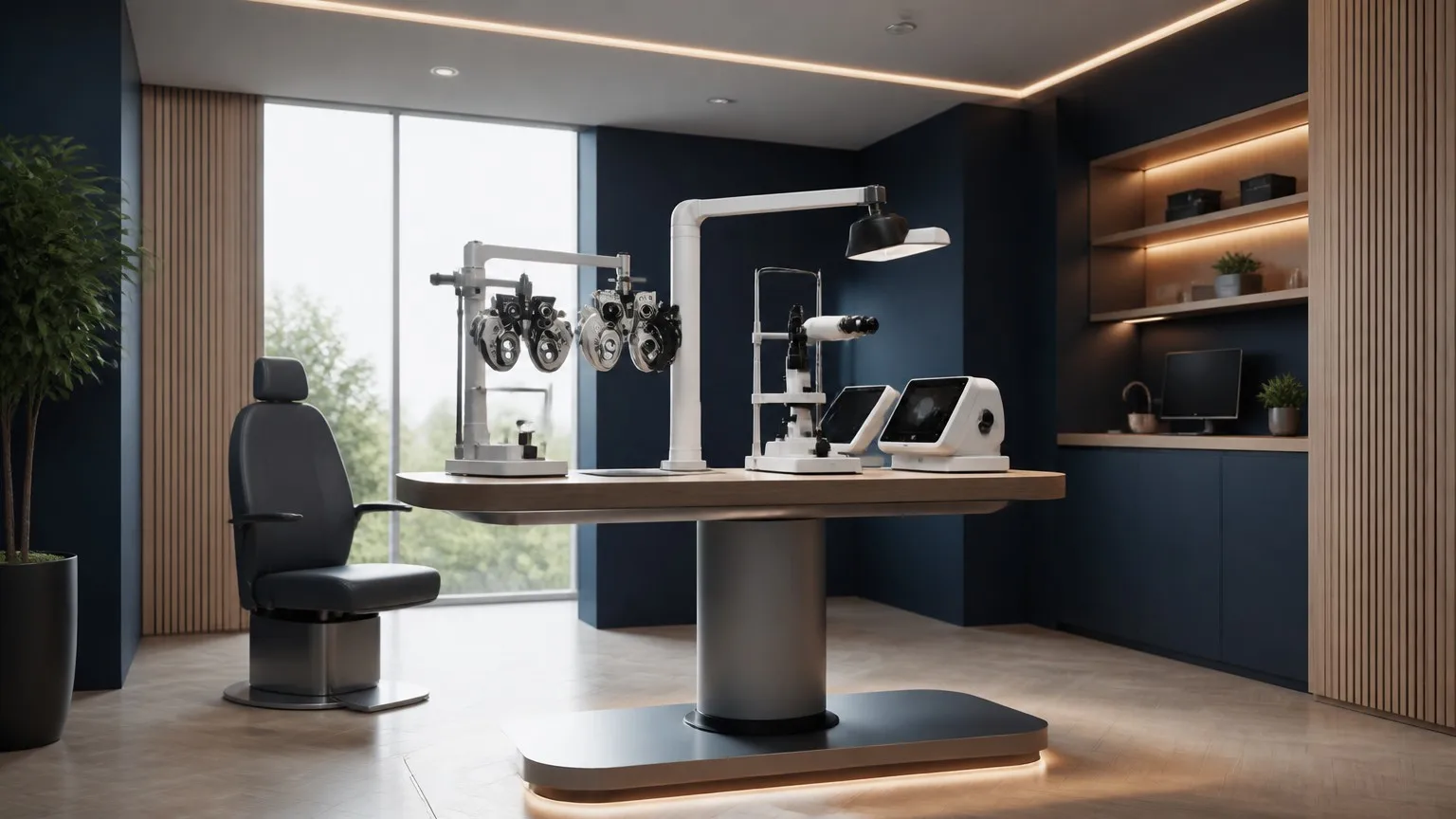 Conceptual rendering of a futuristic integrated ophthalmic exam lane — where the table becomes the digital hub, pre-routing power, data, and imaging through a single central column.
