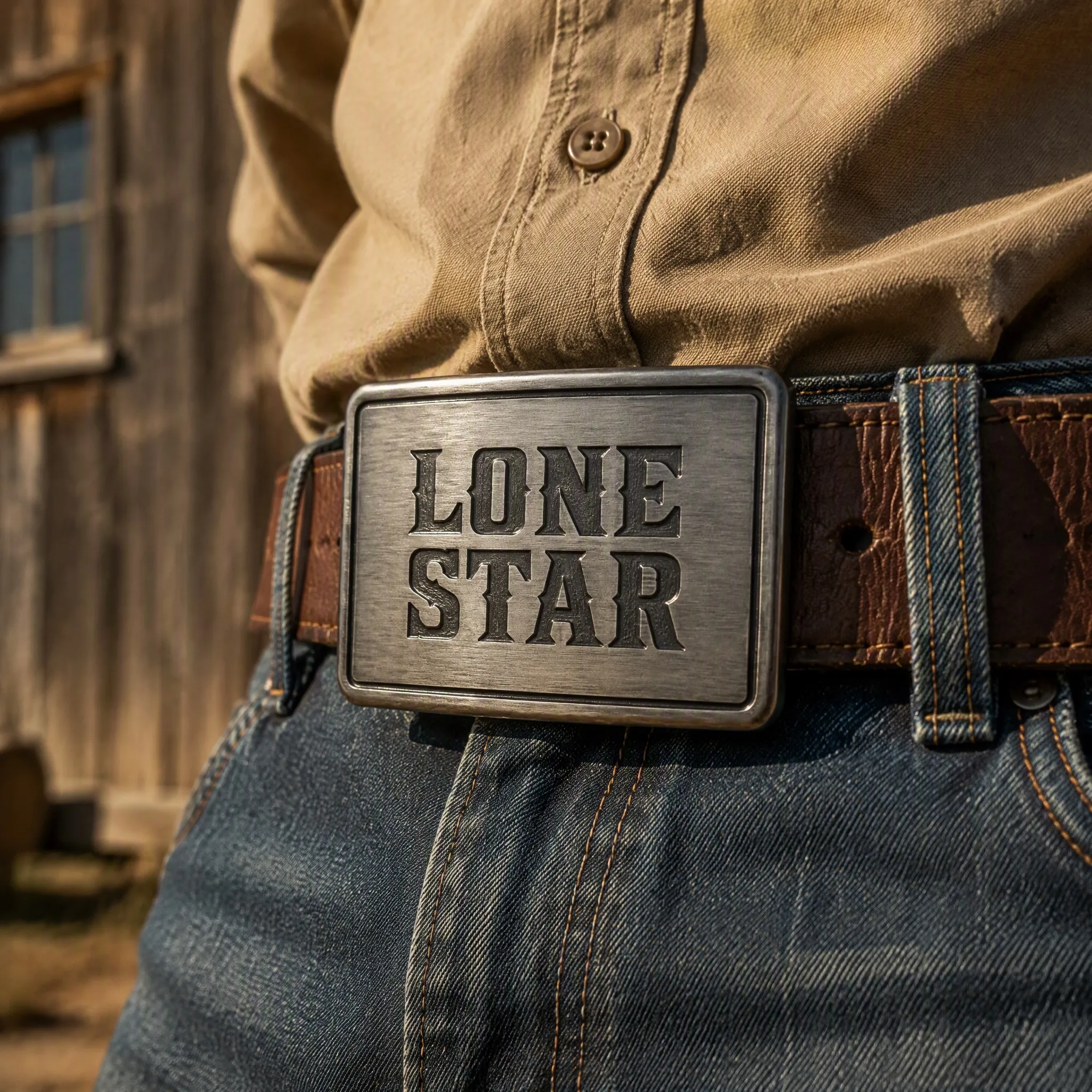 Laser engraved belt buckle on leather belt - Lifestyle