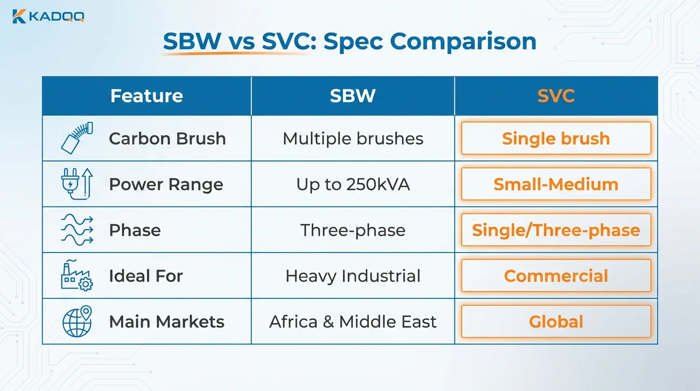 SBW vs SVC voltage stabilizer spec comparison table