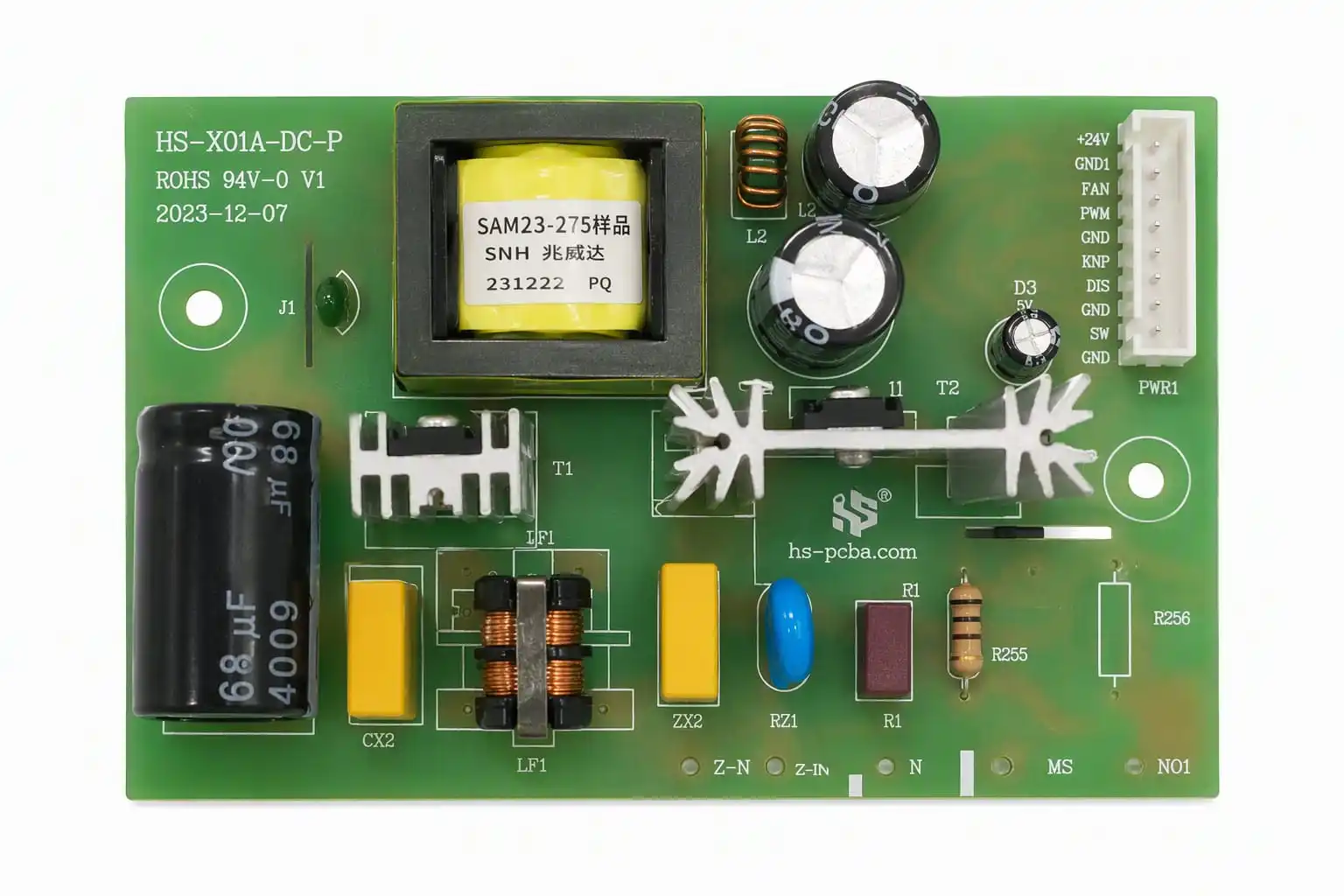 Cooling fan PCBA control board with heatsinks, 68uF capacitor and transformer