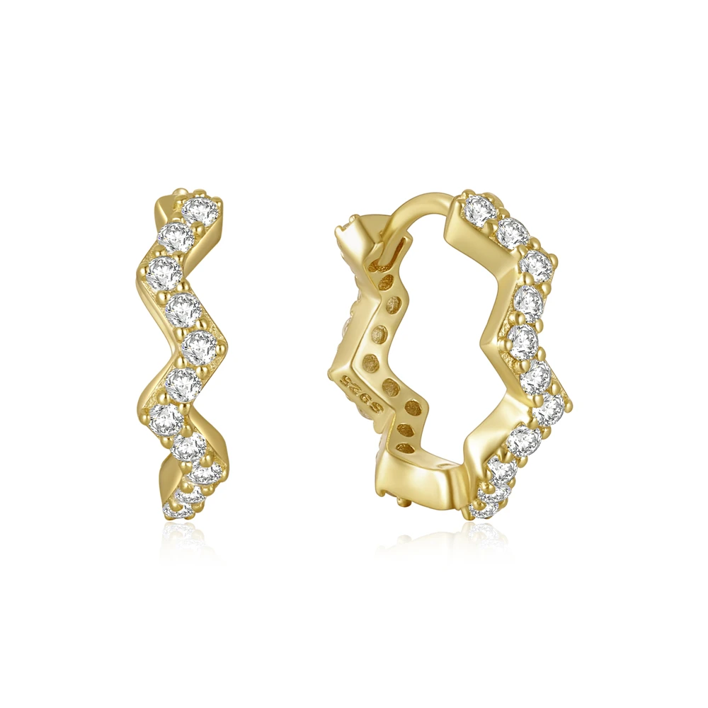 

CANNER New 925 Sterling Silver Earrings Single Row Wave Shaped Zircon Gold Plated Ear Buckle Hoop Earrings Jewelry For Women