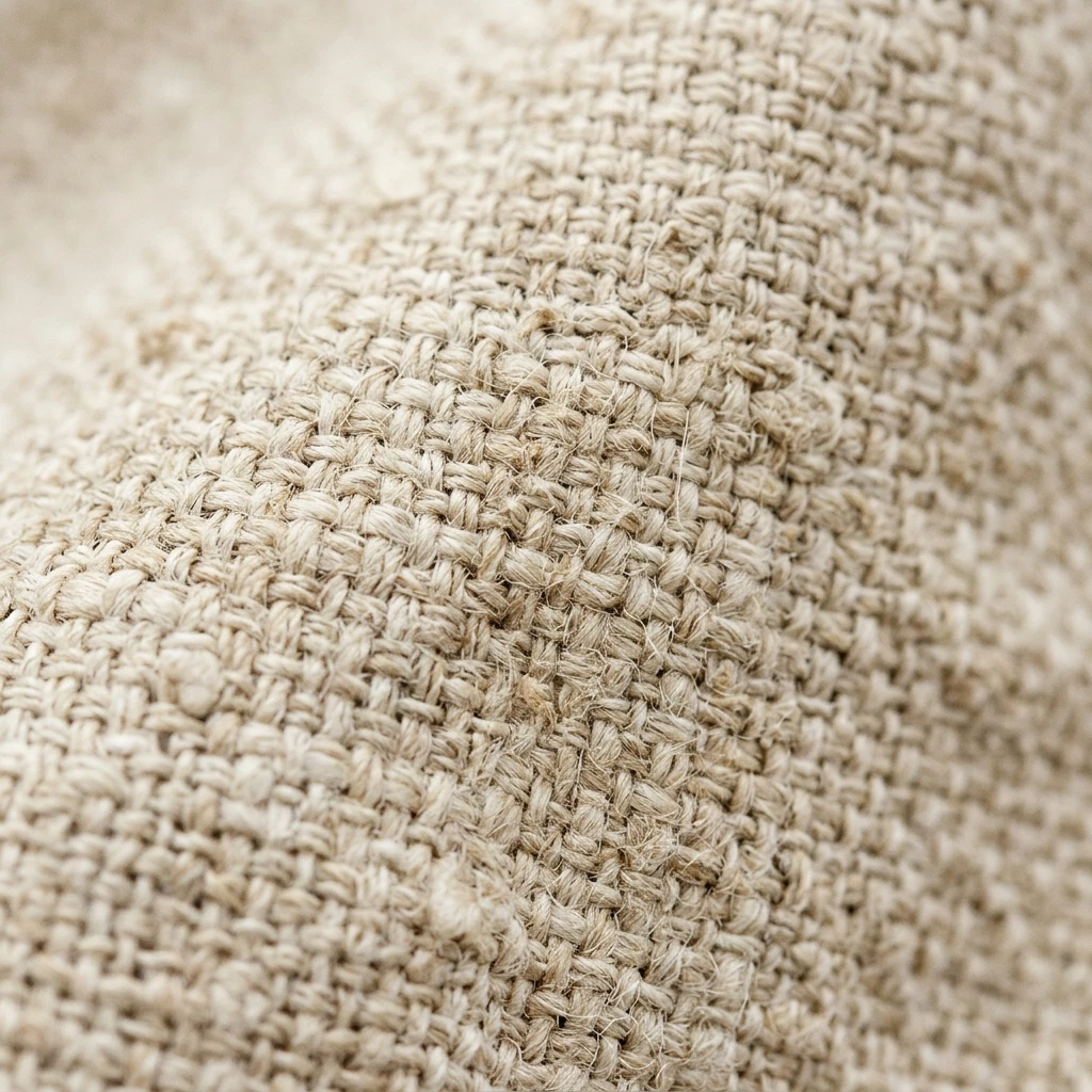 Gros plan sur la texture naturelle et les fibres du linge de lit en lin crème Ambre & Volute