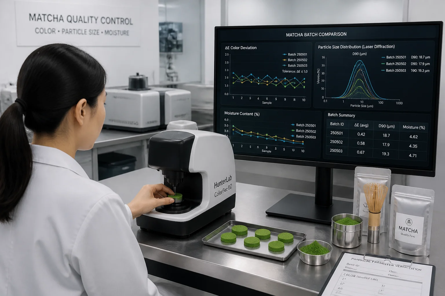 QA specialist calibrating matcha reference standards using spectrophotometer measuring Hunter Lab Delta E values and laser particle size distribution