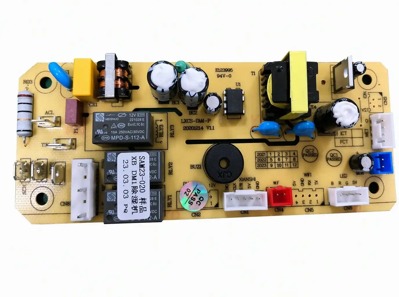 Yellow dehumidifier control board with three relays, transformer, buzzer and display connector