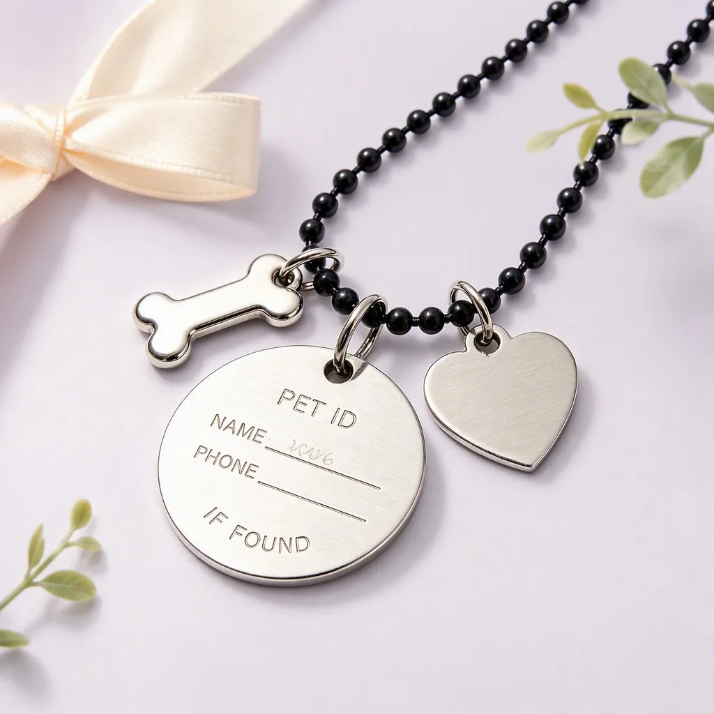 Silver round pet tag with bone and heart charms on lavender backdrop