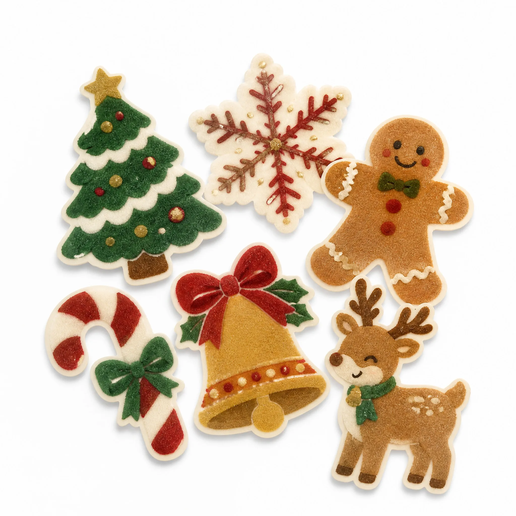 Custom flocking sticker set - six Christmas velvet designs on white background