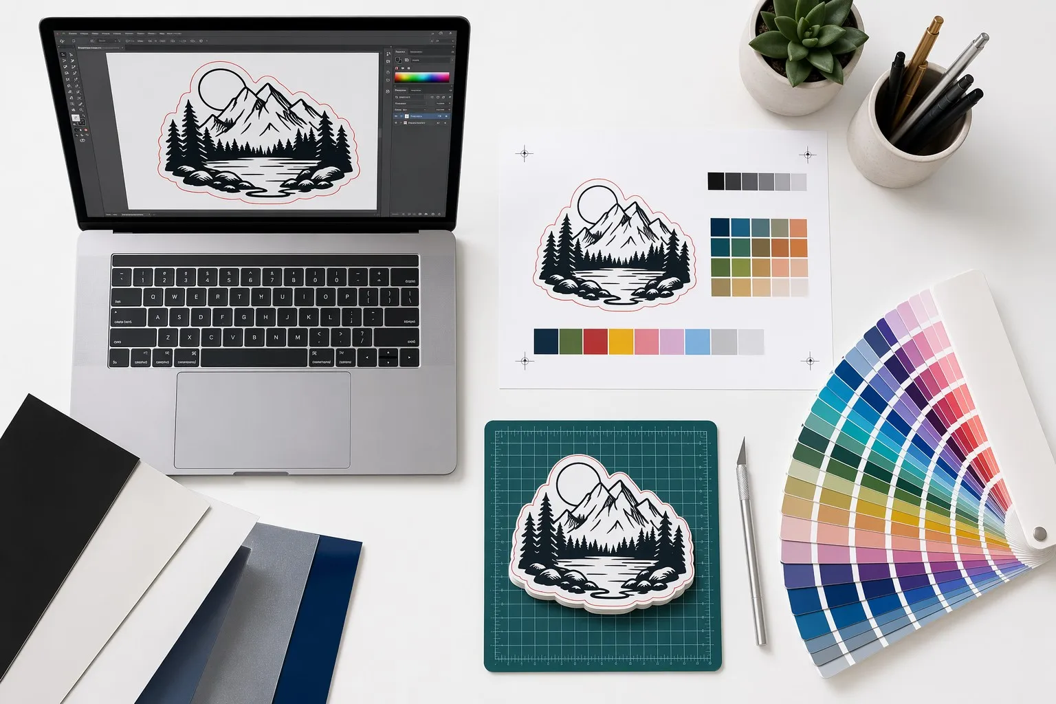 Custom sticker design preparation with CMYK setup and Pantone color matching