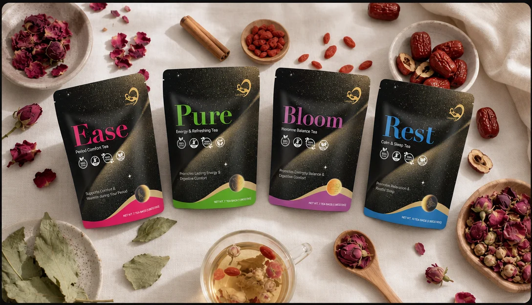 laicuherb cycle tea set four phase blends flat lay overview