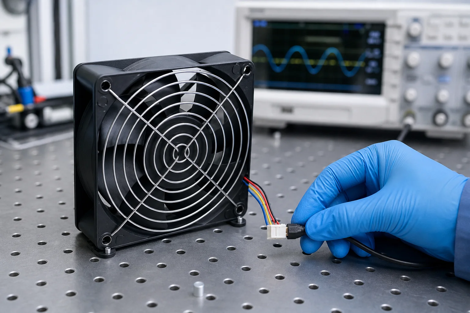 Cooling fan assembly on an electronics test bench