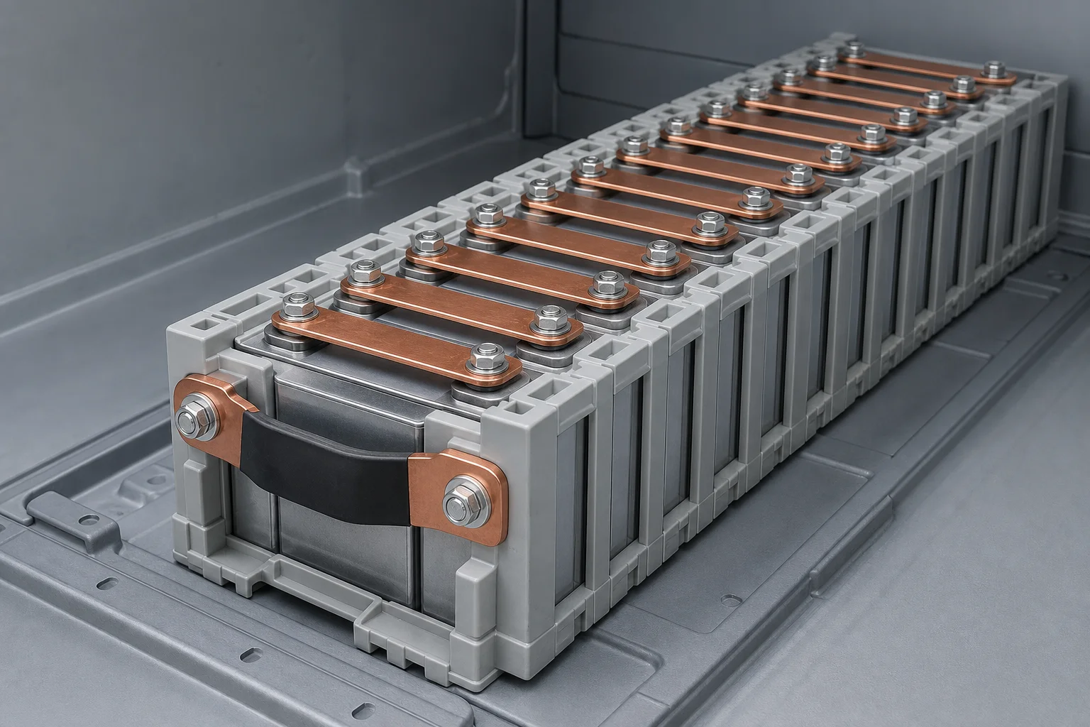 Módulo de batería de vehículo eléctrico con barras de cobre sobre los terminales de celdas prismáticas y un enlace flexible con funda negra
