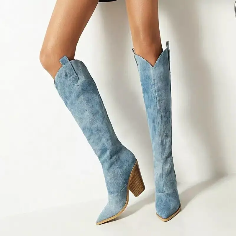 

BUSY GIRL XY4039 Denim Cowboy Boots For Women Thick Heels Trend 2024 Fashion Western Boots Winter Shoes Ladies Knee High Boots