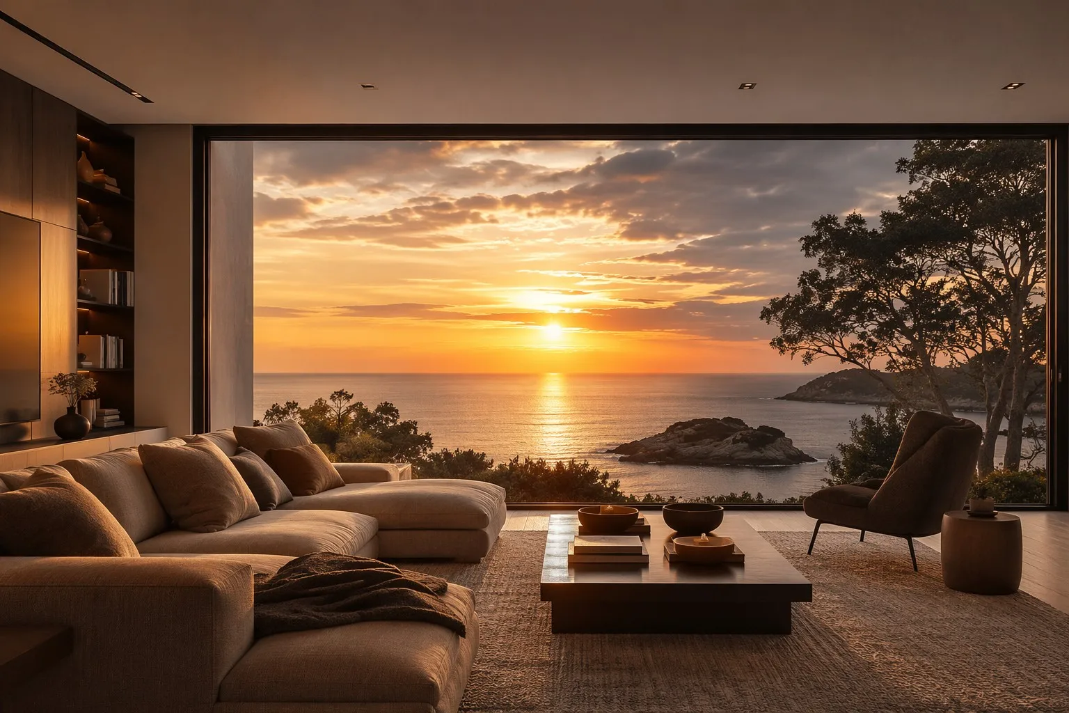 Luxury villa living room with panoramic aluminum picture window framing ocean sunset