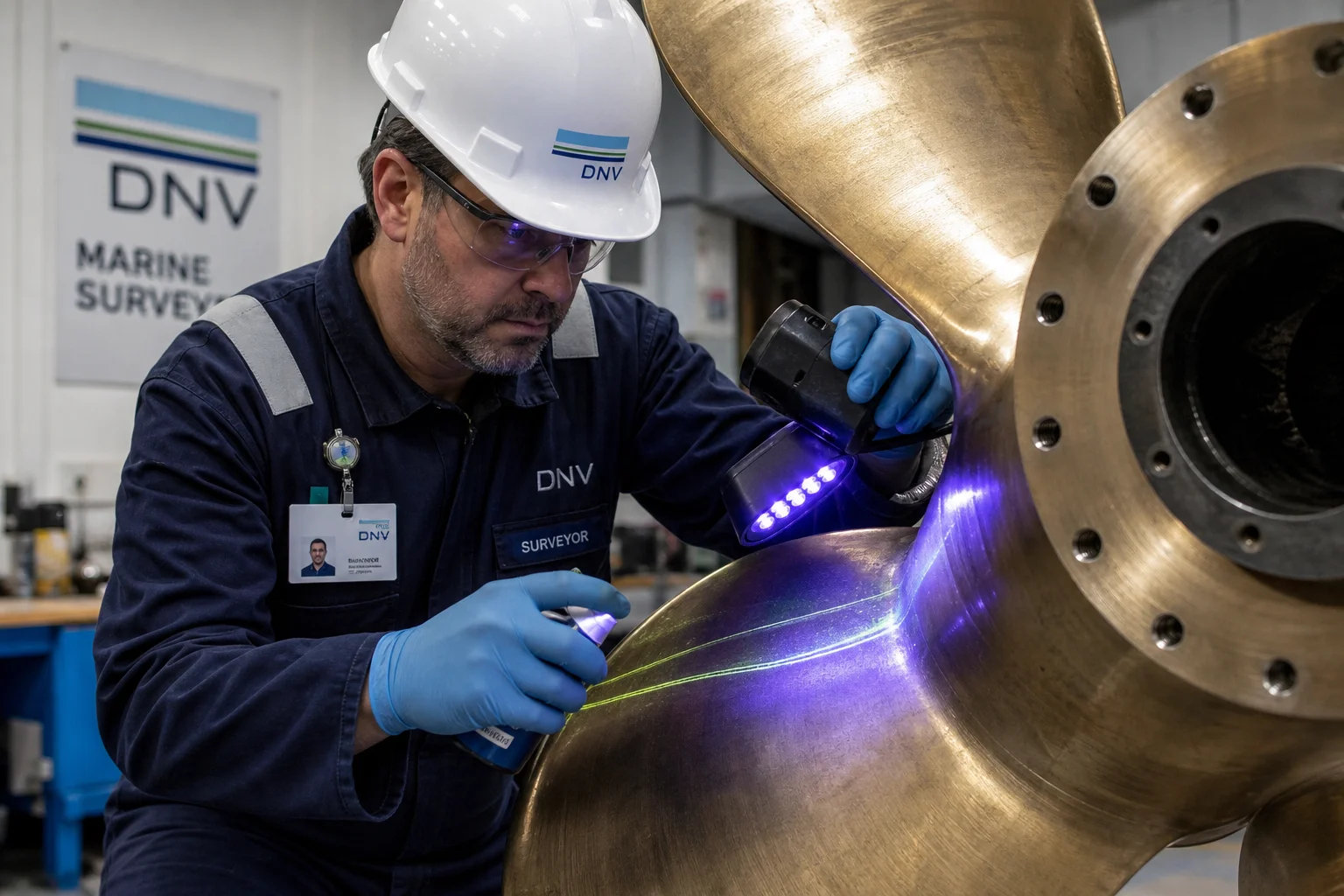 Marine classification society surveyor conducting fluorescent dye penetrant inspection PT on propeller root