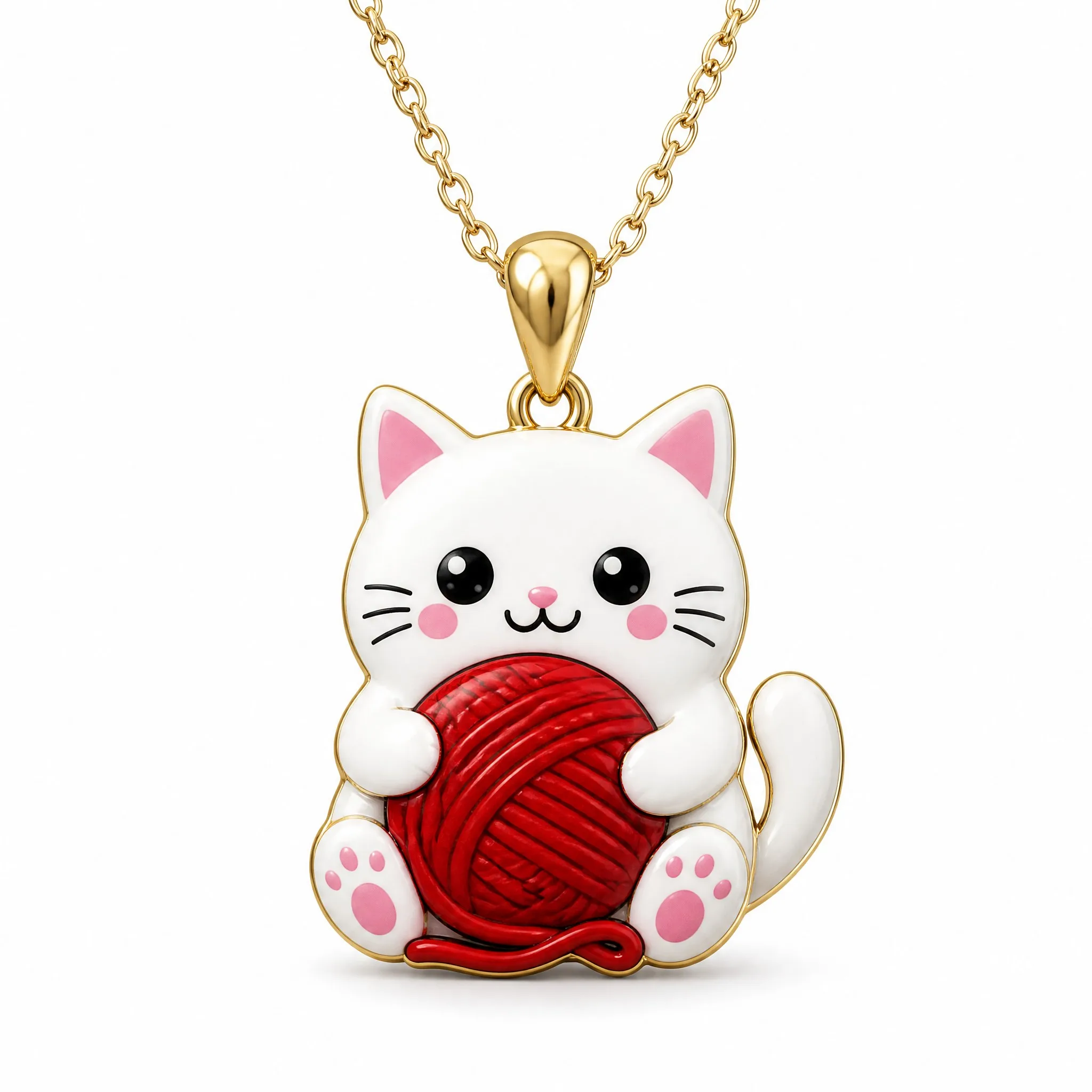 Custom uv printed cat pendant necklace white cat with red yarn ball on white background