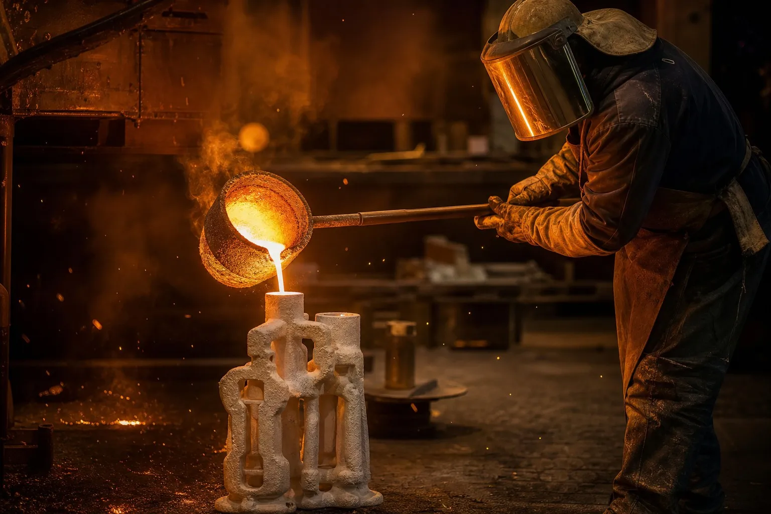 Molten metal pouring into ceramic shell investment casting mold with bright glow