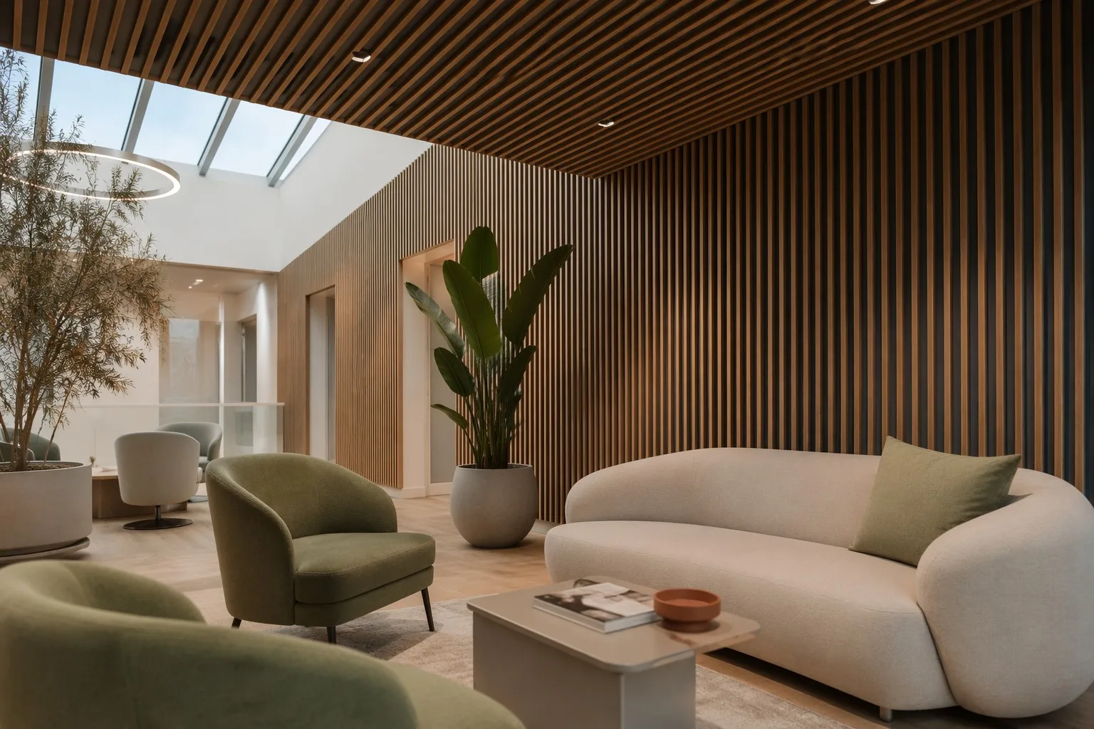 Modern office lounge area with wood slat acoustic panels on ceiling and accent wall, minimalist seating, indoor plants, skylight