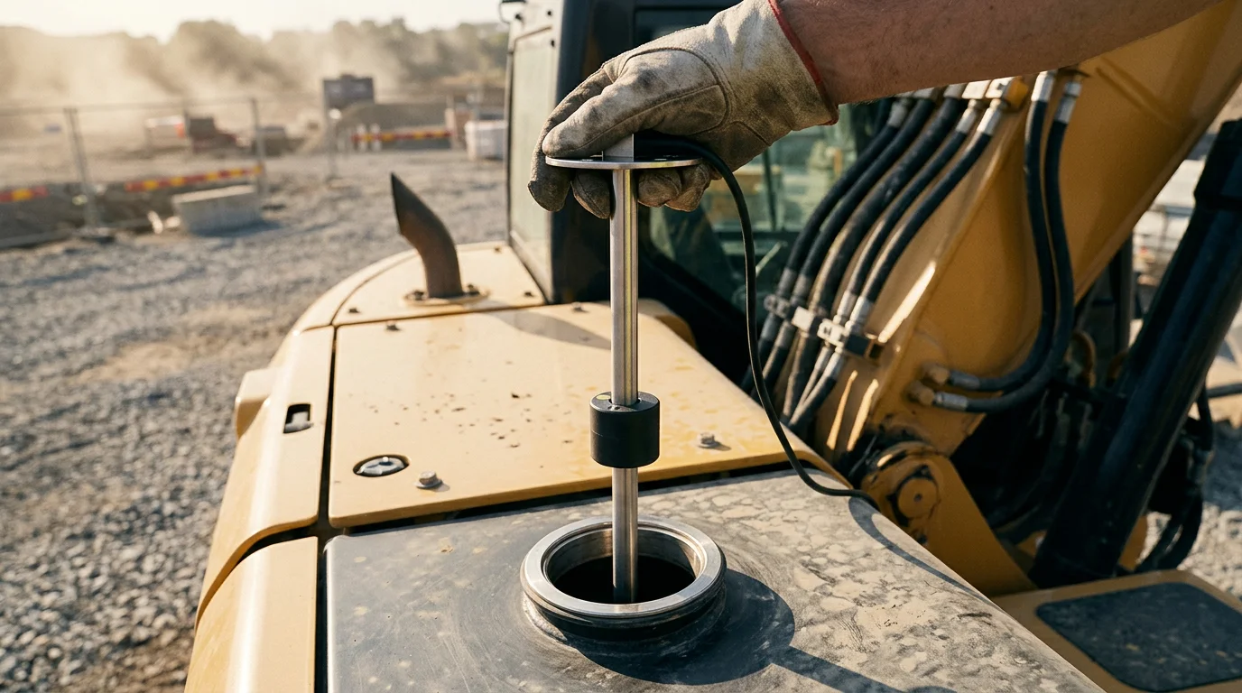 GLTV3 reed switch fuel level sensor being fitted into the fuel tank port of a construction excavator
