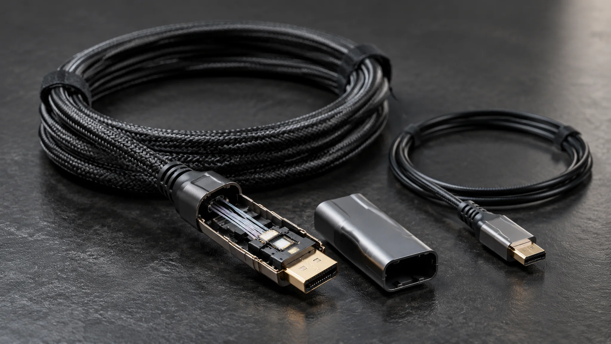 Active optical HDMI cable with connector shell opened to show the optical engine