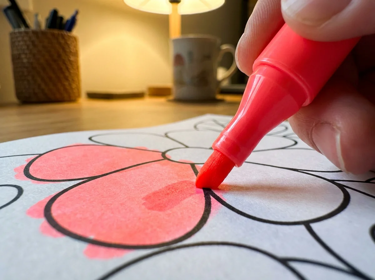 Close-up of a hand with a bright coral pink alcohol marker coloring a page slightly outside the line