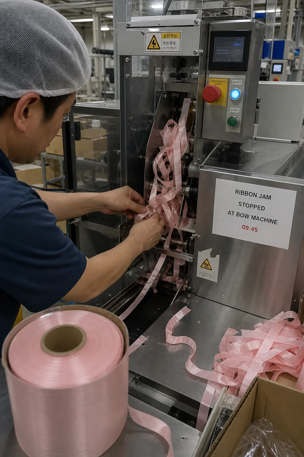 Automated bow machine jammed with incorrect ribbon causing production stoppage