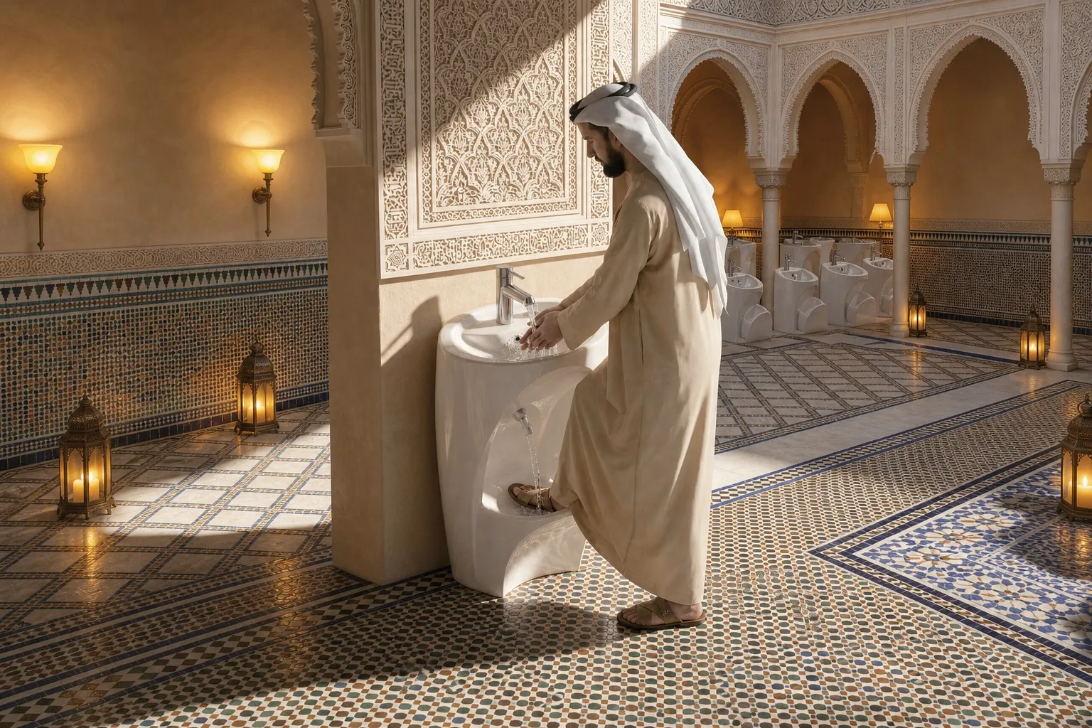 info-1-1 Man performing wudu at a wash station in an ornate mosque washroom