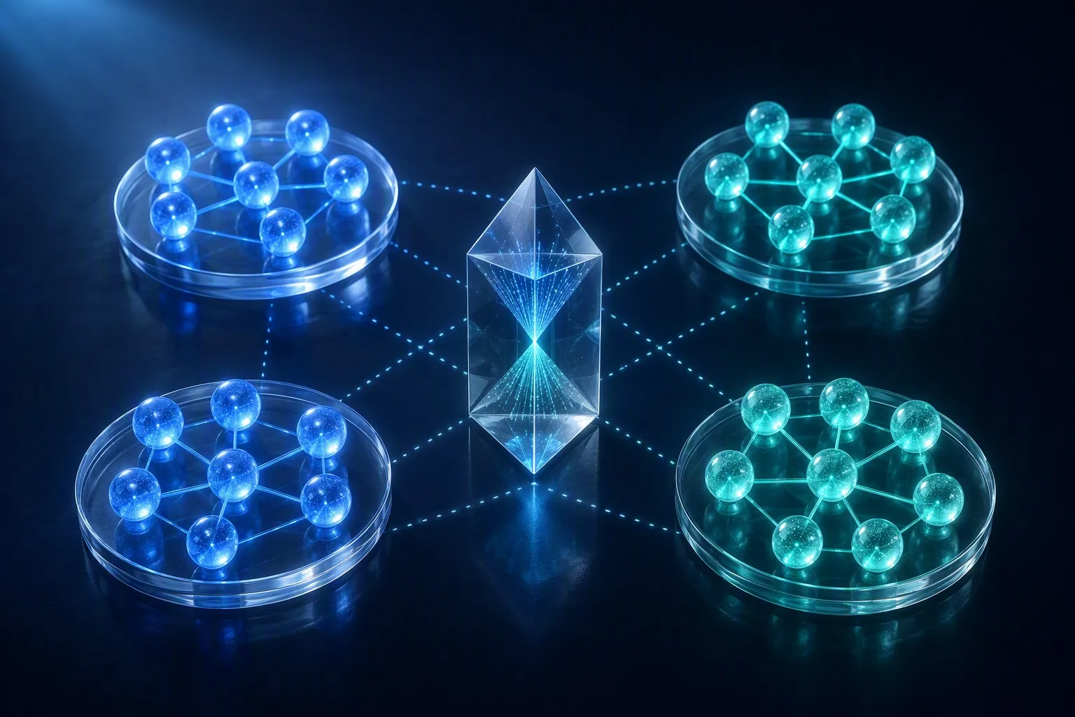 Glassmorphic visualization of correlated participants within four randomized trial clusters and a central design-effect prism
