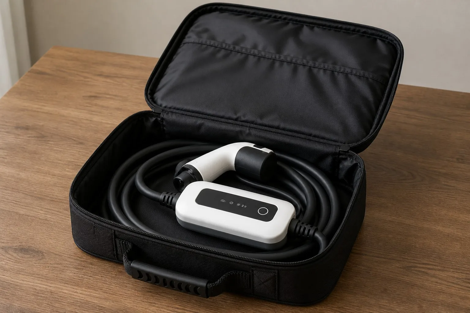MotiveX storage bag opened flat on a table showing its spacious padded interior with a portable EV charger coiled inside