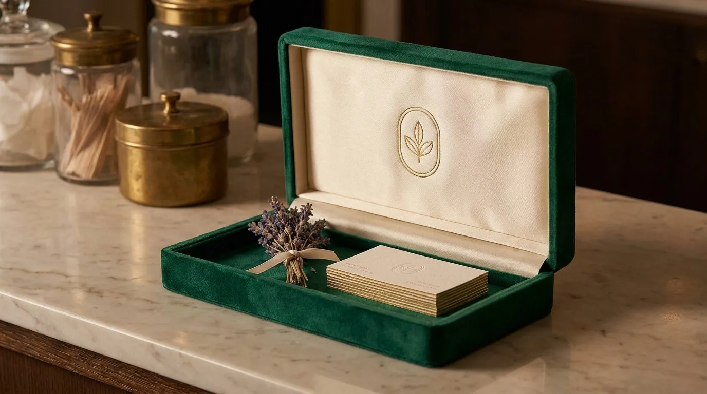 A premium jewelry box repurposed as a Vanity Organizer holding dried flowers and business cards.