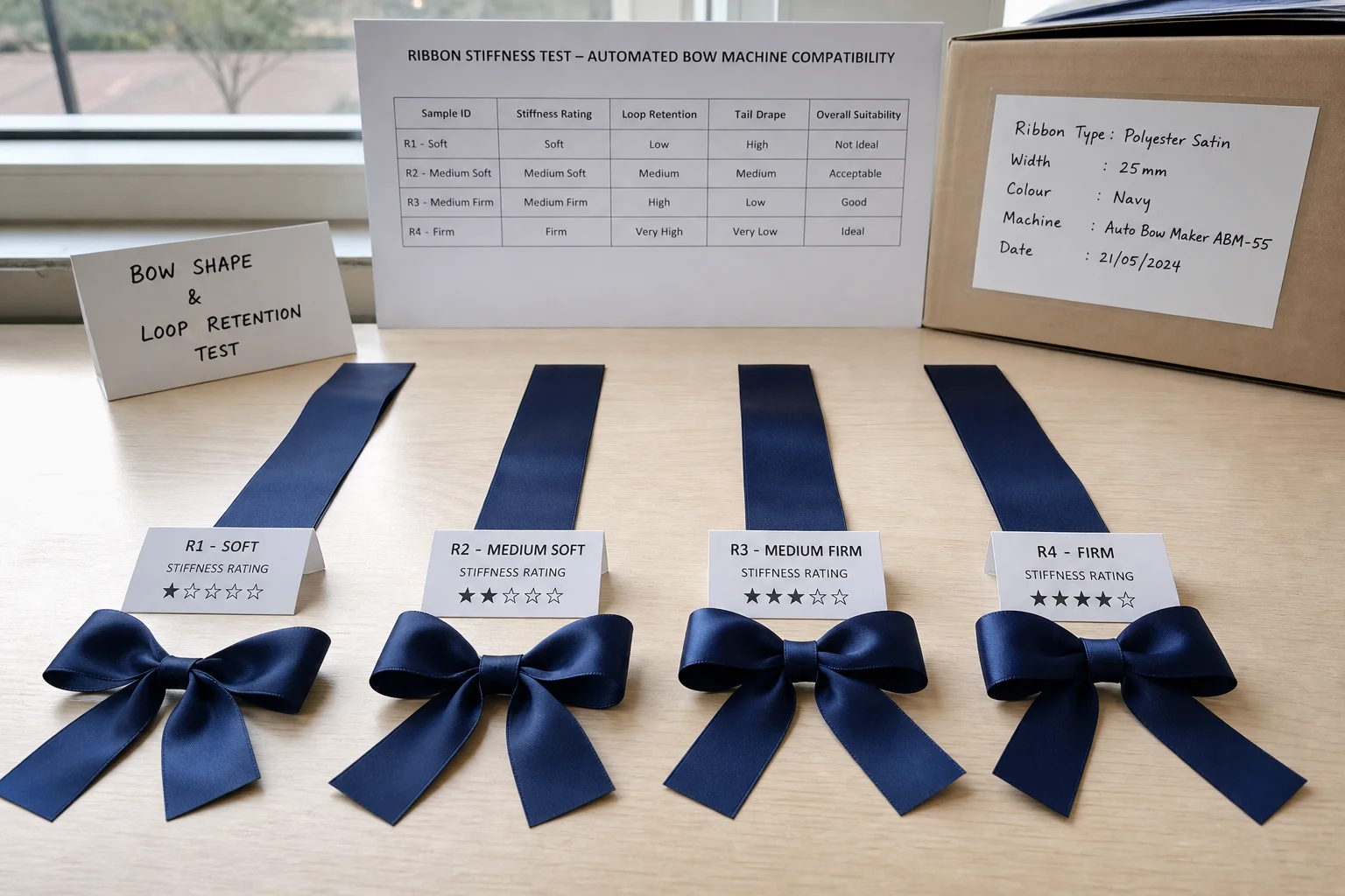 Ribbon stiffness specification test for automated bow machine compatibility
