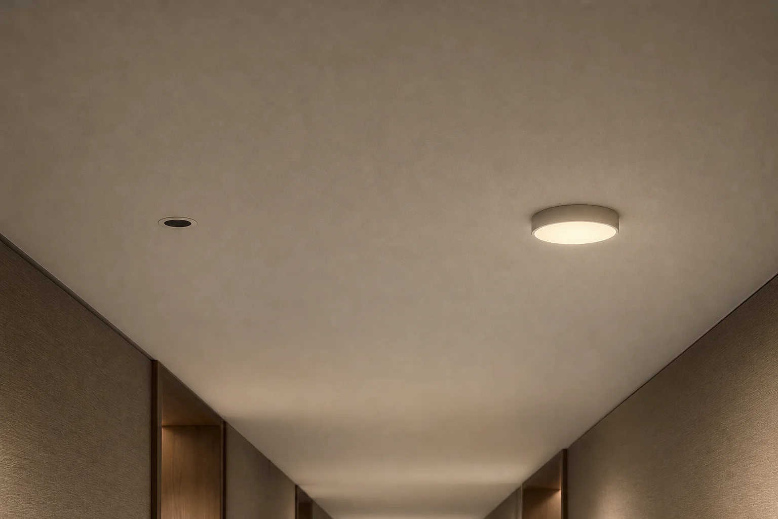 Hotel corridor ceiling showing a recessed downlight and a shallow surface-mounted flush light side by side