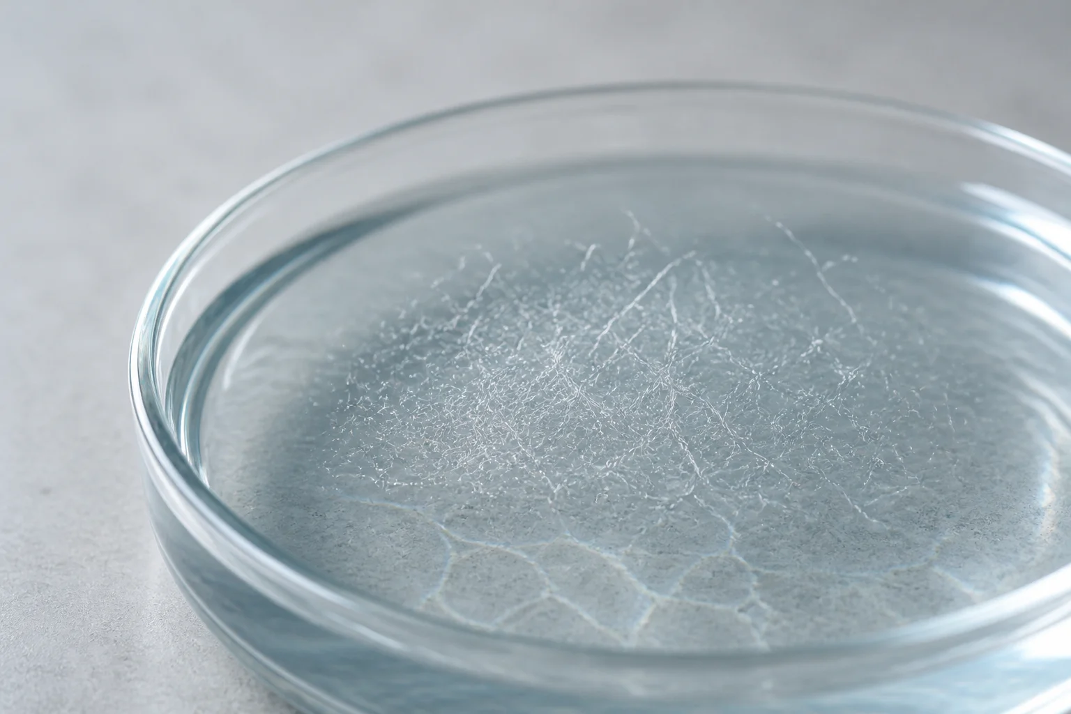 Fine translucent synthetic microfibres suspended in clear water inside a shallow glass dish resting on a pale grey matte surface