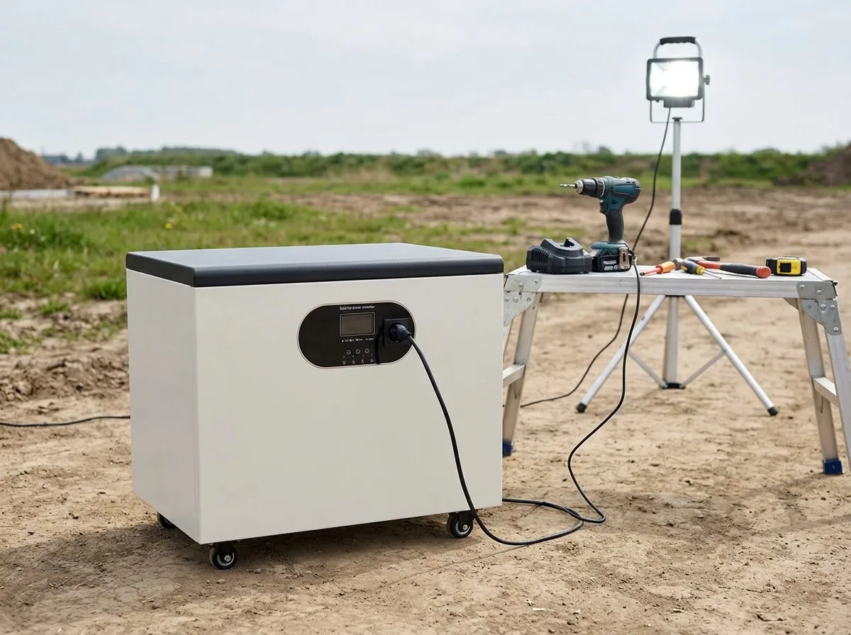 Ruihan portable power station powering work lights and tools on an outdoor job site