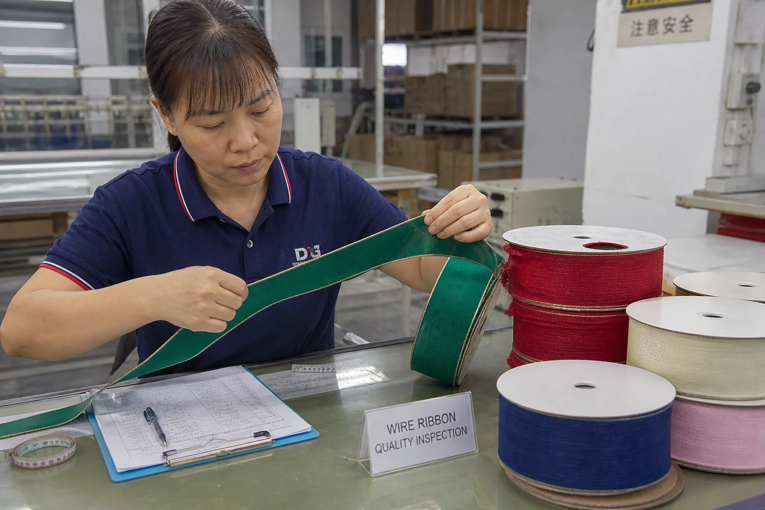 Quality control technician testing wire tension on freshly produced wired ribbon at inspection station