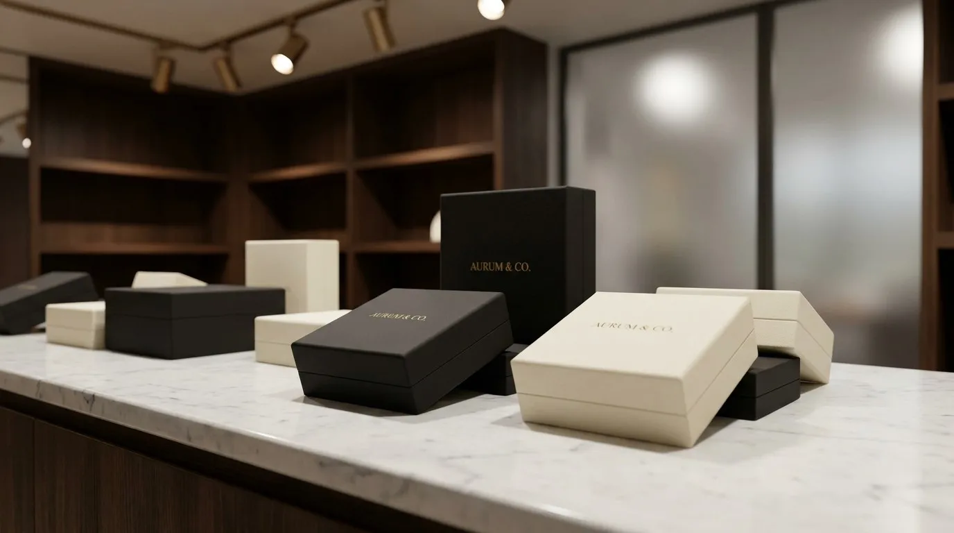 Luxury black and ivory rigid jewelry boxes on a marble display in a boutique.
