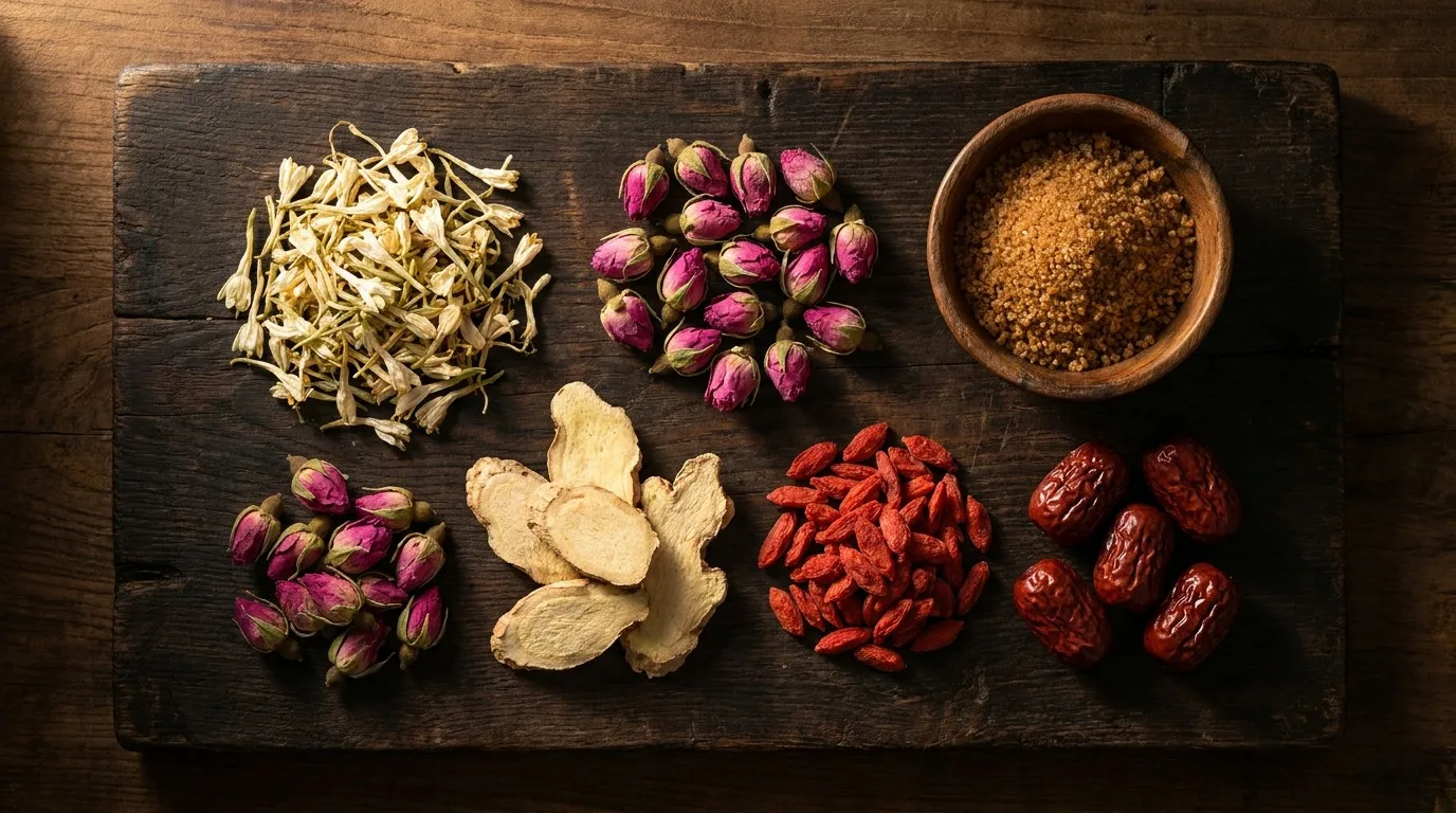 Raw dry botanicals of Bloom Hormone Balance Tea premium organic herbs