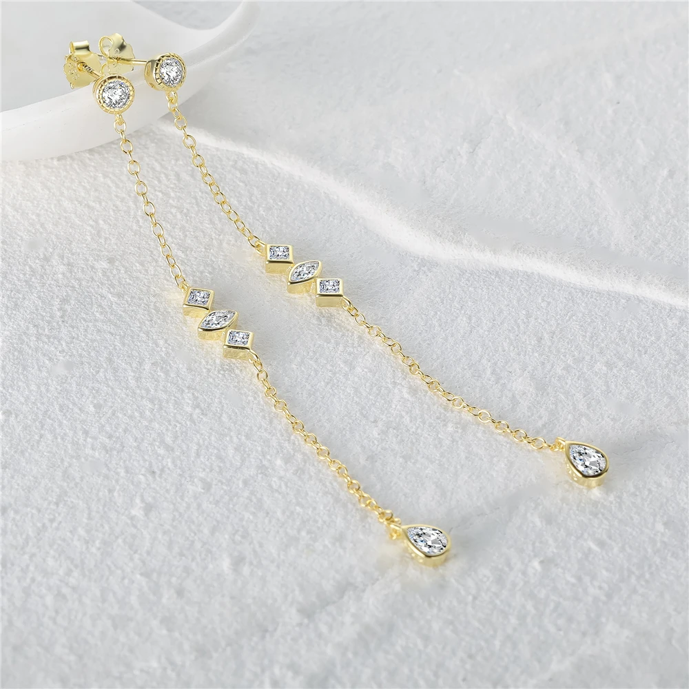 

CANNER S925 Silver Trendy Long Tassel 18K Gold Dangler Eardrop Hanging Zircon Earrings Princess Cut Gemstone Earrings for Women