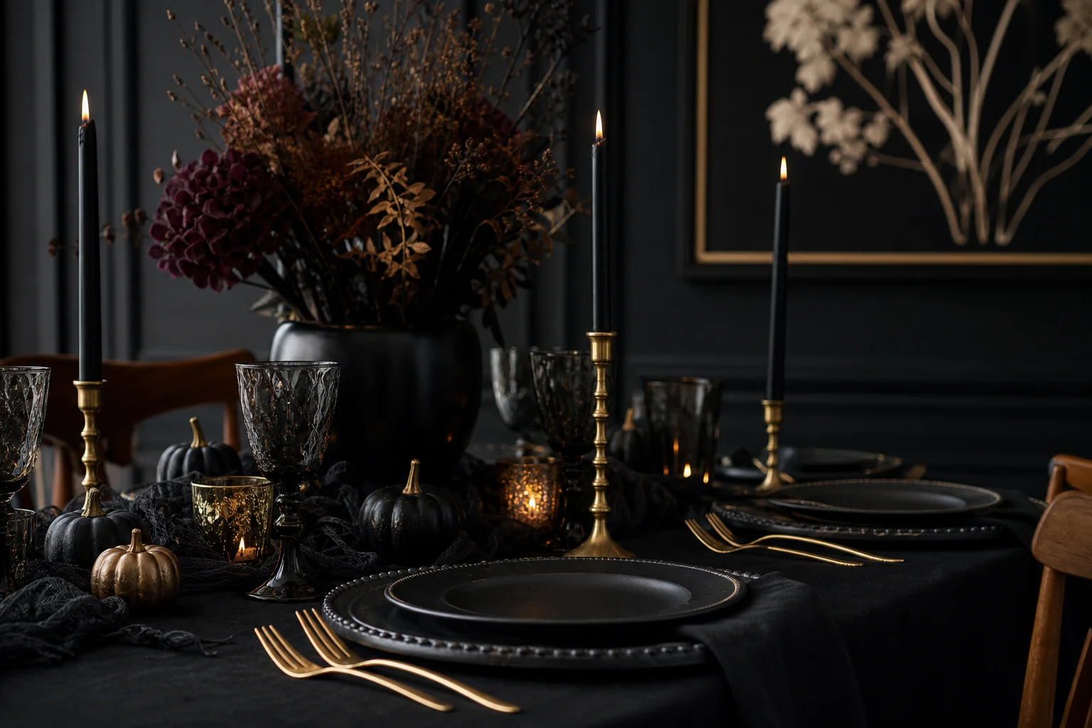Spooky-chic Halloween table with black charger plates and moody wall décor