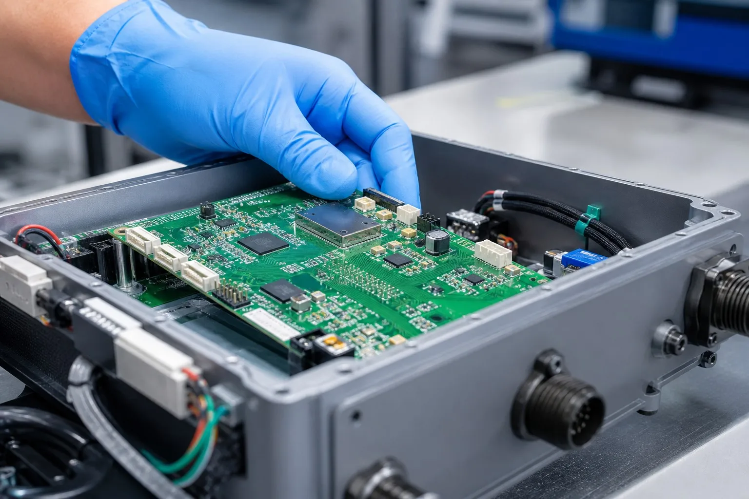 A PCBA board being fitted into a product enclosure