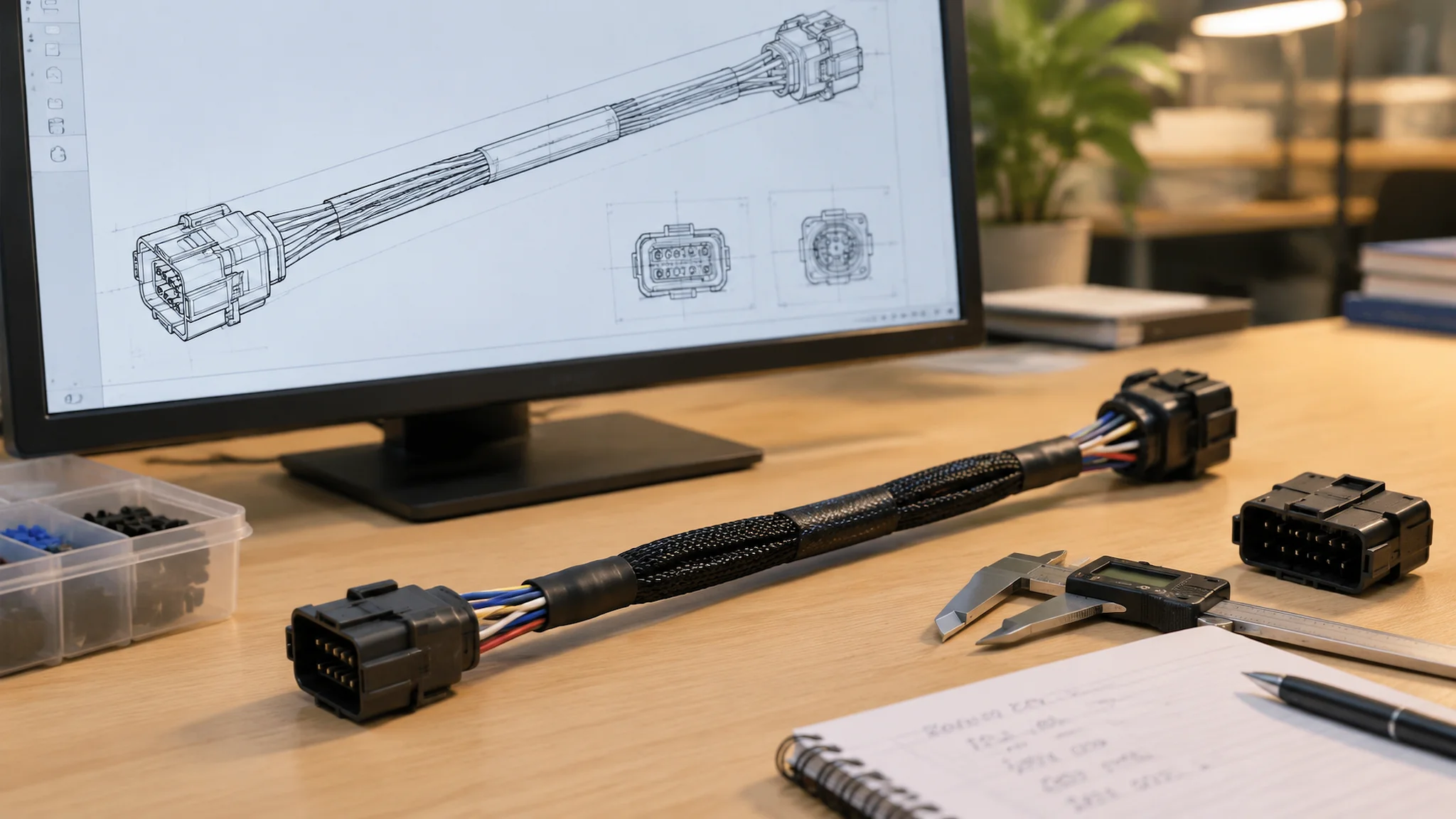 CAD drawing beside a custom cable prototype on an engineering desk