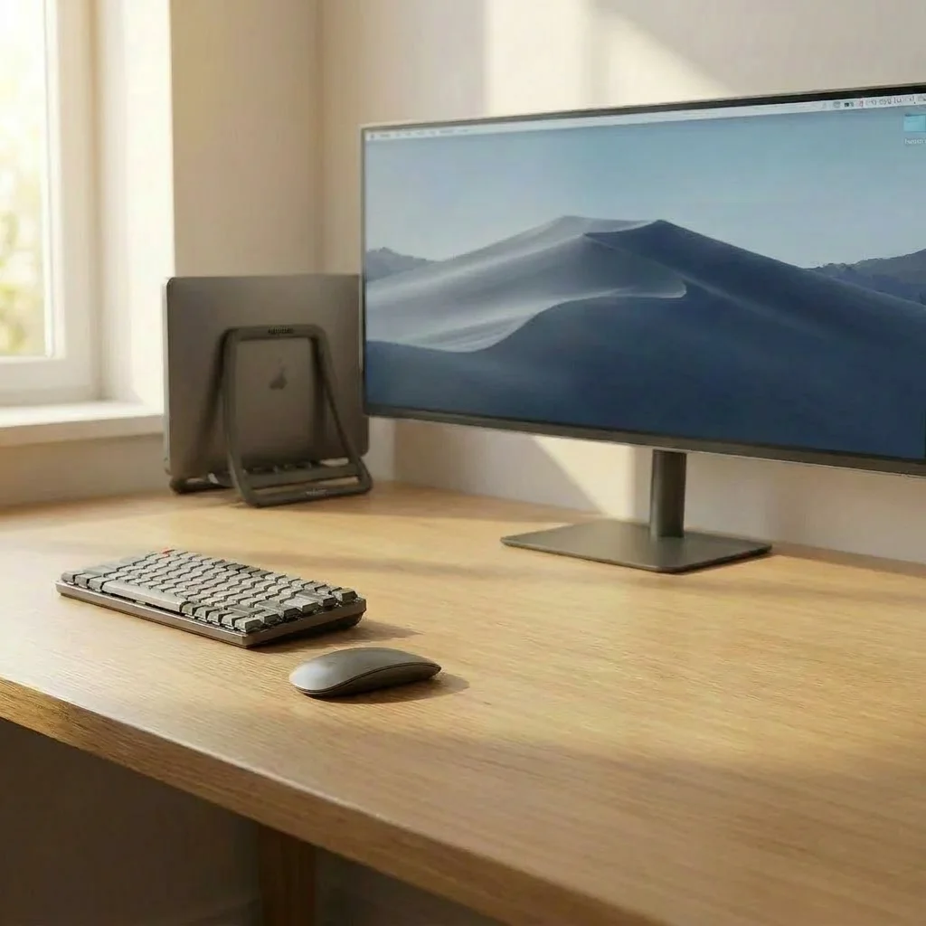 Nexstand K11 Vertical Stand in far background, reclaiming vast desk space
