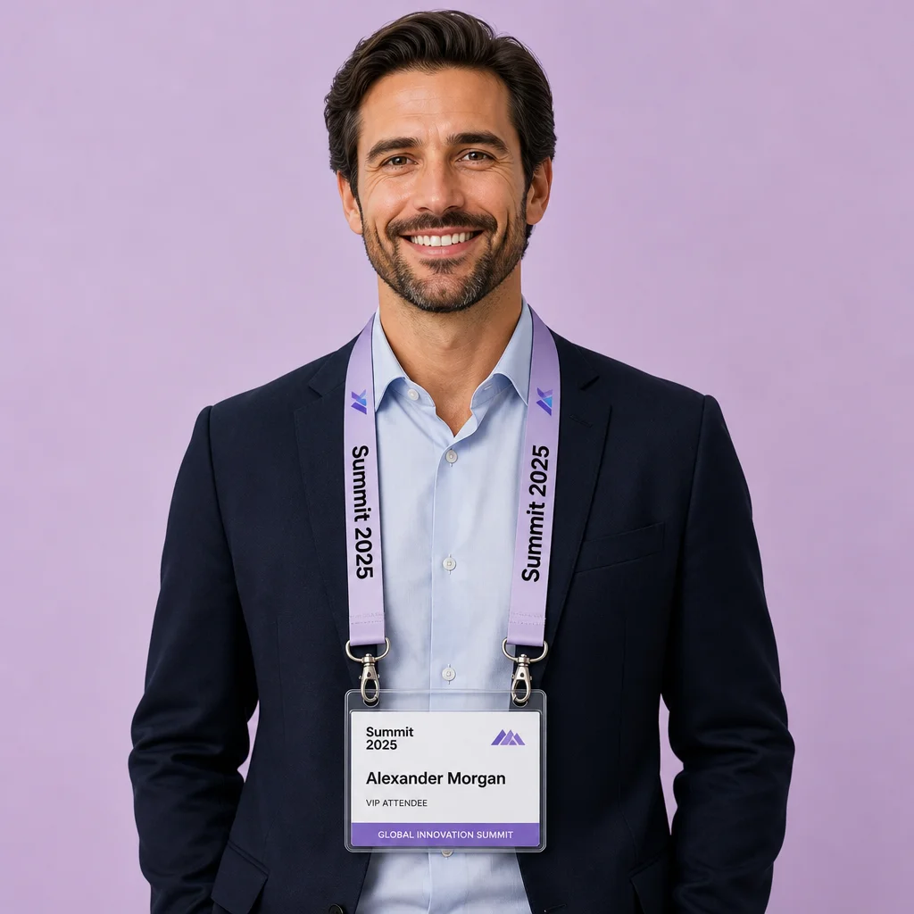 Male Executive Wearing Dual-Hook Anti-Twist Lanyard with Convention Pass on Trade Show Floor