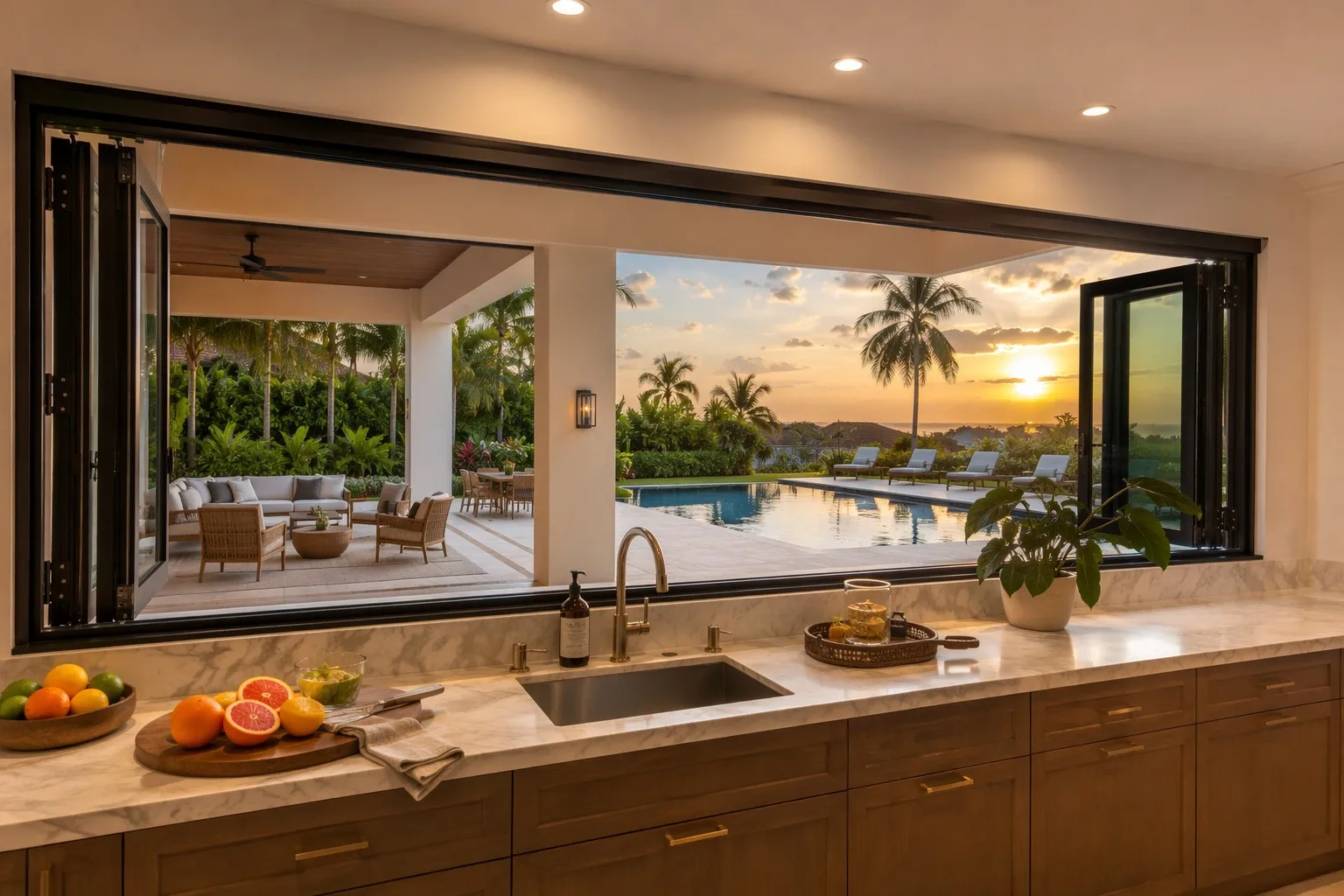 Luxury villa kitchen with black aluminum folding window open as servery pass-through to pool patio