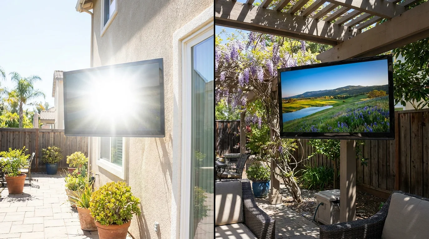 Outdoor TV with glare in direct sun versus clear picture under pergola shade