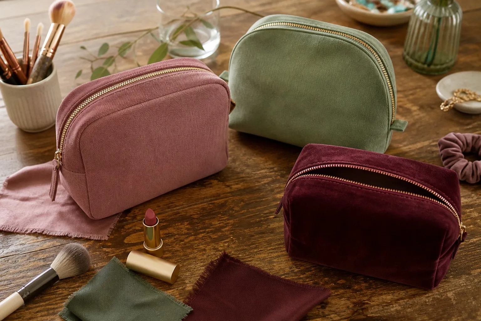 Flat lay of three cosmetic bags in 2026 trend colors sage green dusty rose and burgundy